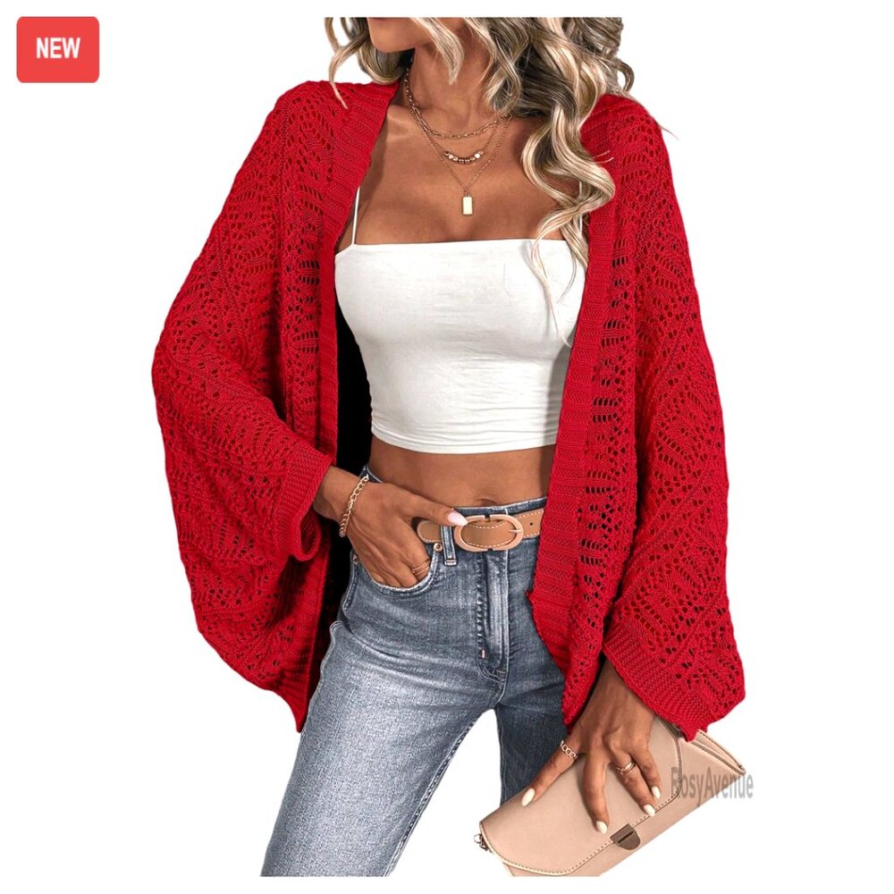 Open Front Hollow Out Dolman Sleeve Asymmetrical Cardigan Sweater Loose Fit